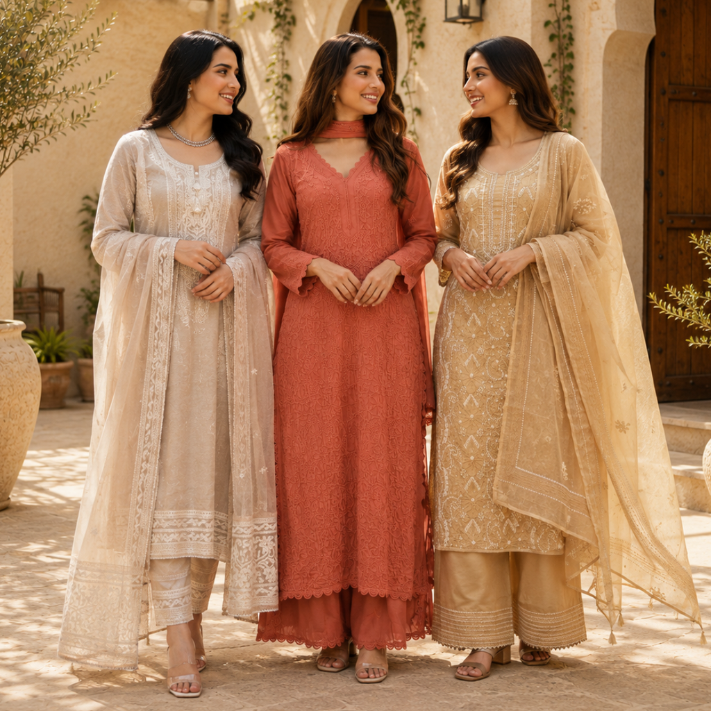 3 Women's Embroidered Kurta Set with Dupatta ( E4 )