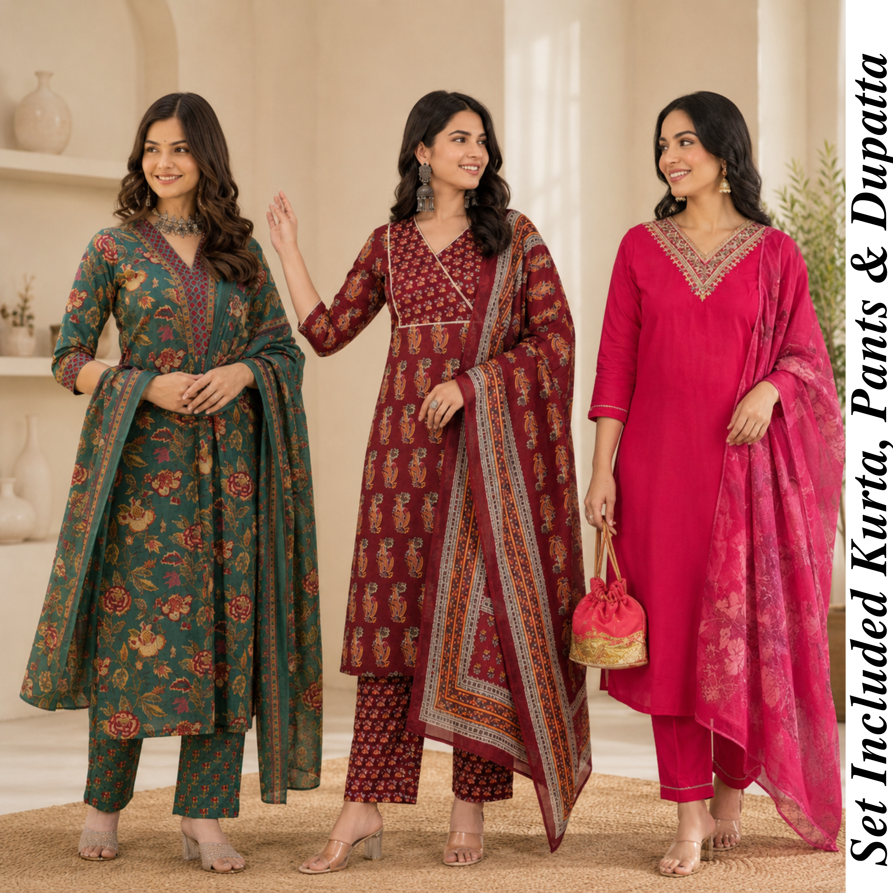 Women's Cotton Printed Kurta With Dupatta Sets (N-4)