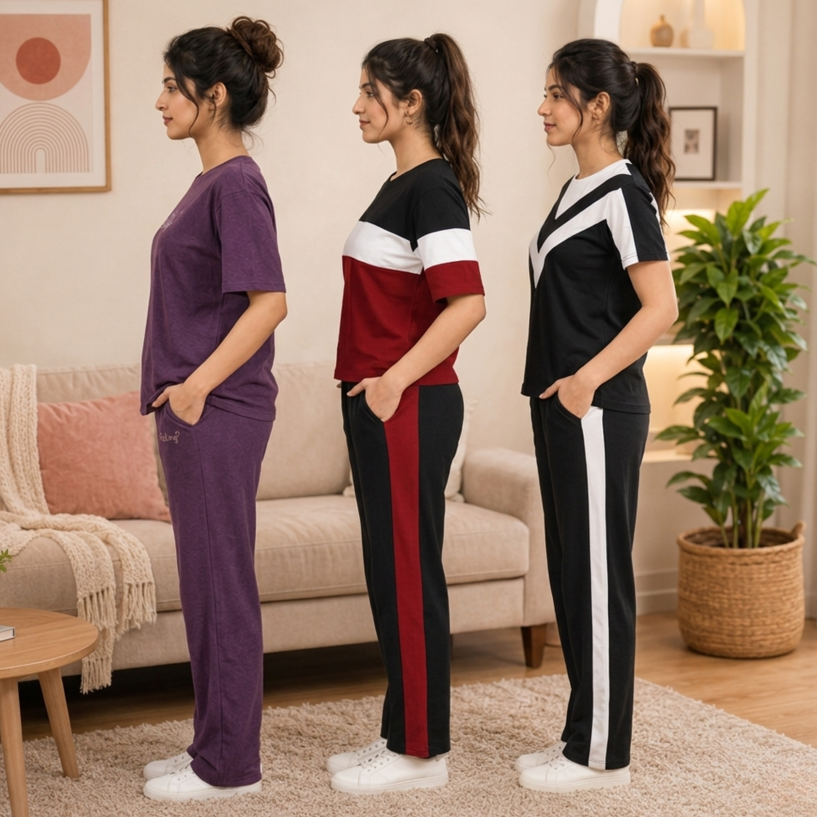 Women's Coords T-Shirts With Trousers Set of 3 (T-2)