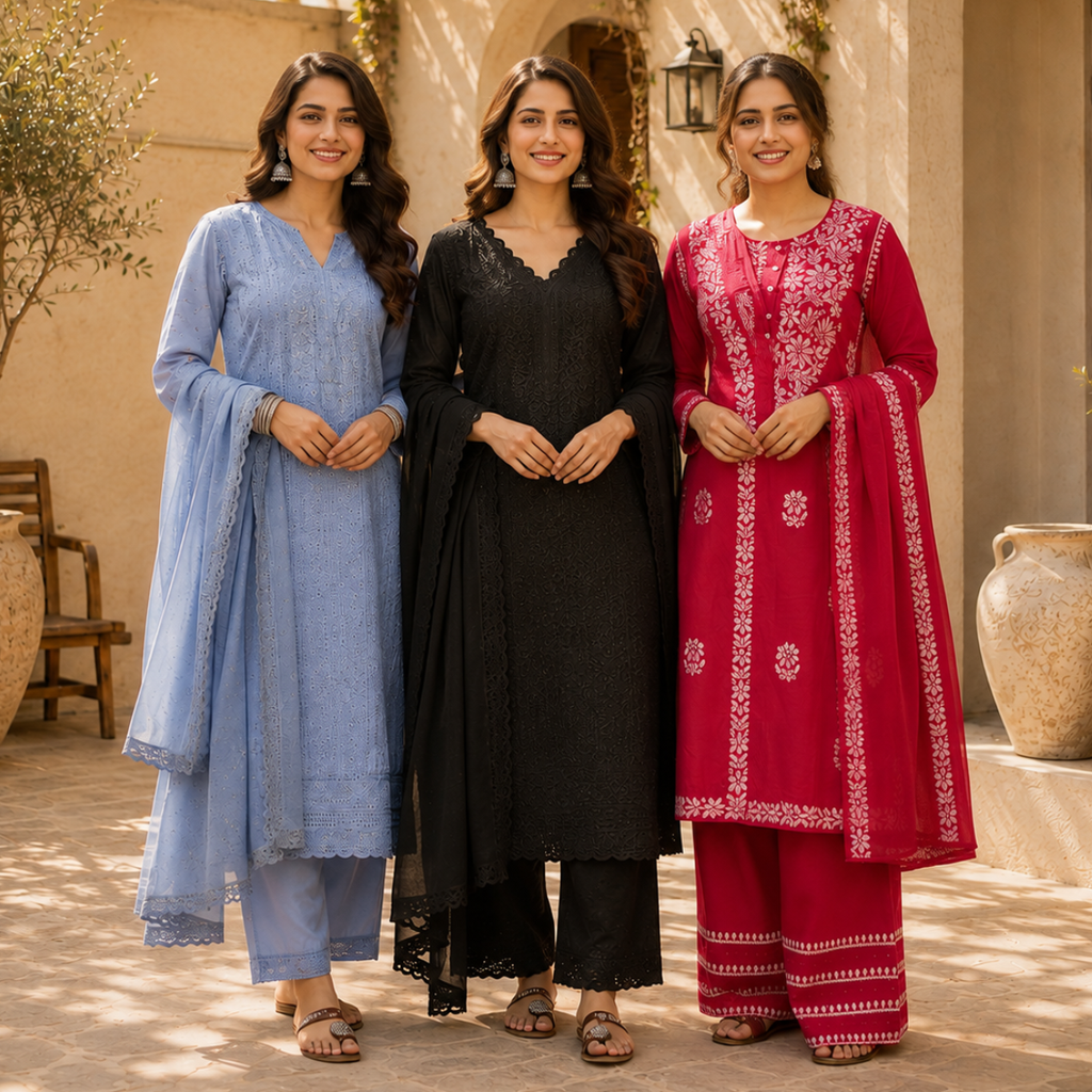 3 Women's Embroidered Kurta Set with Dupatta ( E5 )