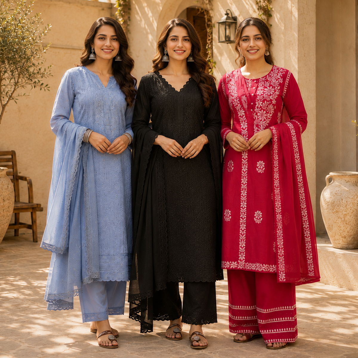 3 Women's Embroidered Kurta Set with Dupatta ( E5 )