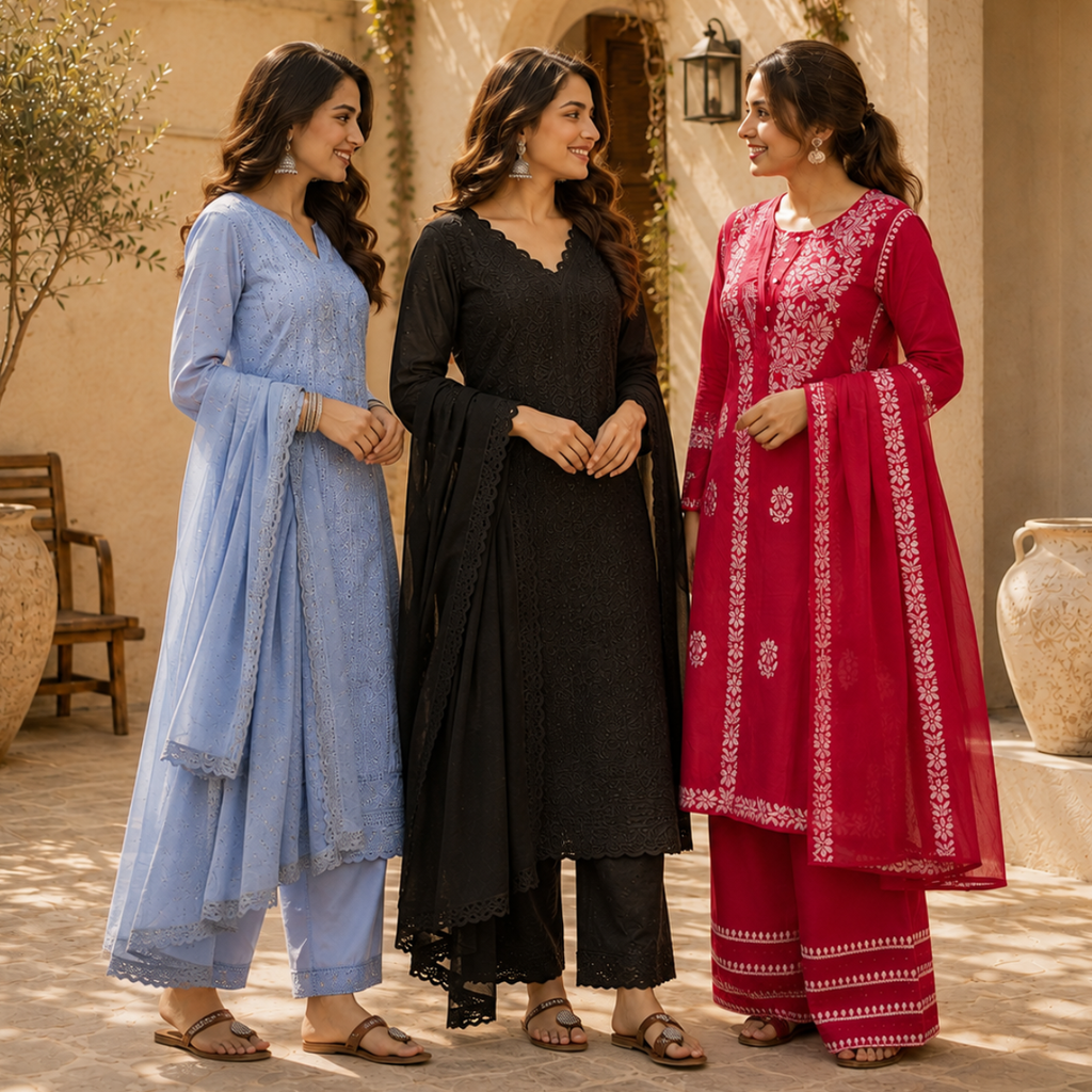 3 Women's Embroidered Kurta Set with Dupatta ( E5 )