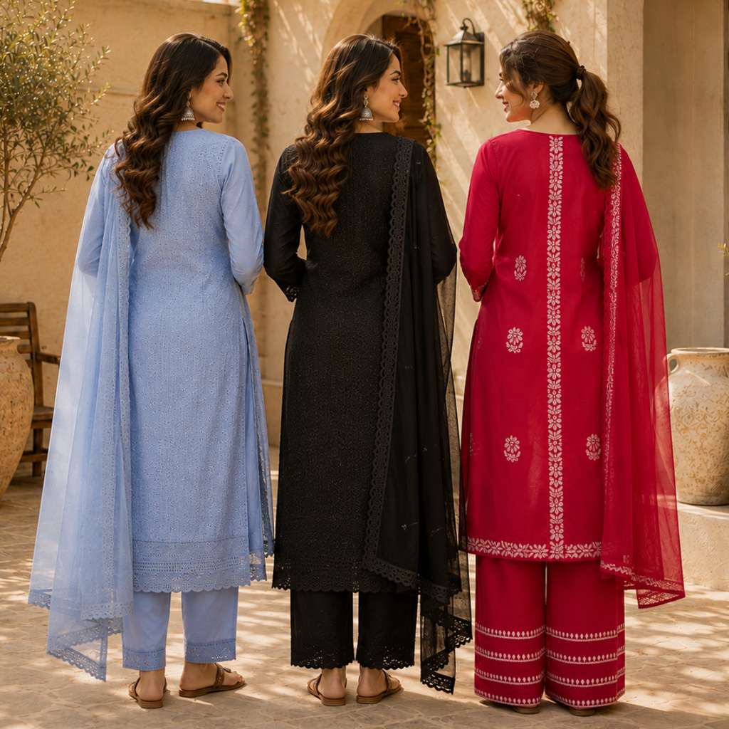 3 Women's Embroidered Kurta Set with Dupatta ( E5 )