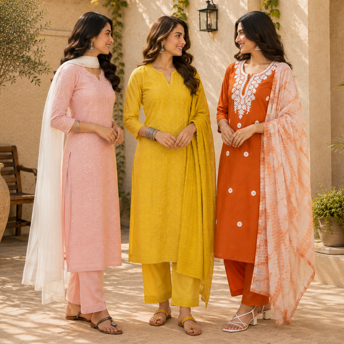 3 Women's Embroidered Kurta Set with Dupatta ( E6 )