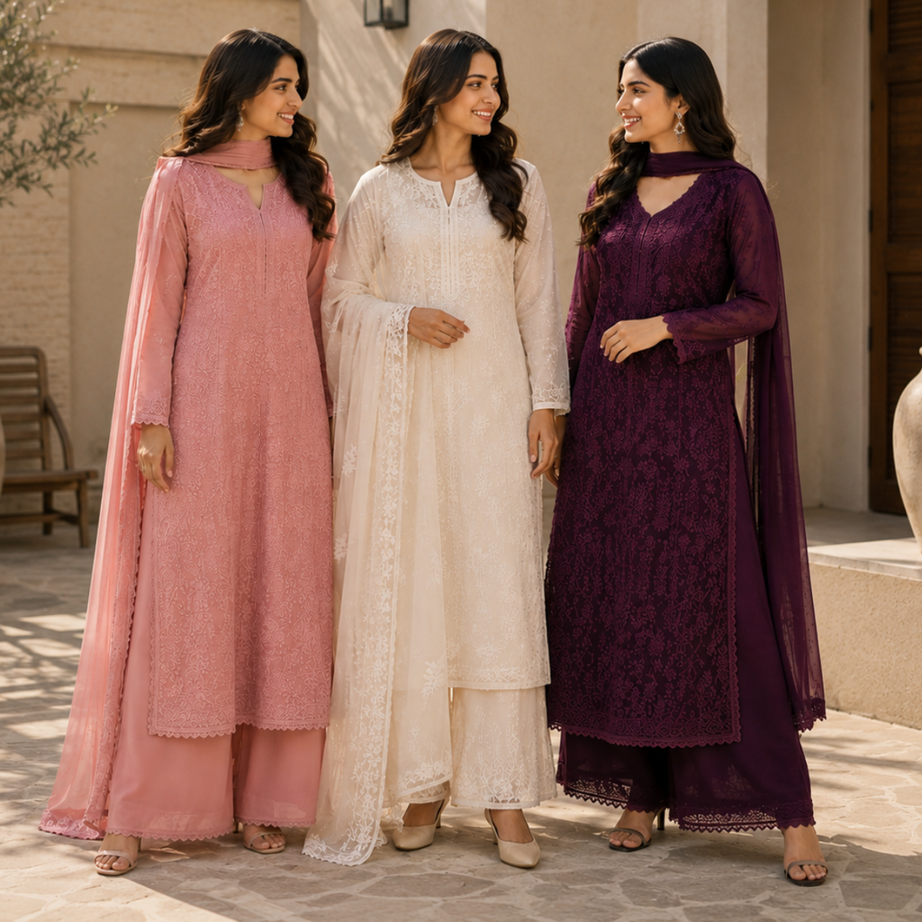 3 Women's Embroidered Kurta Set with Dupatta ( E1 )