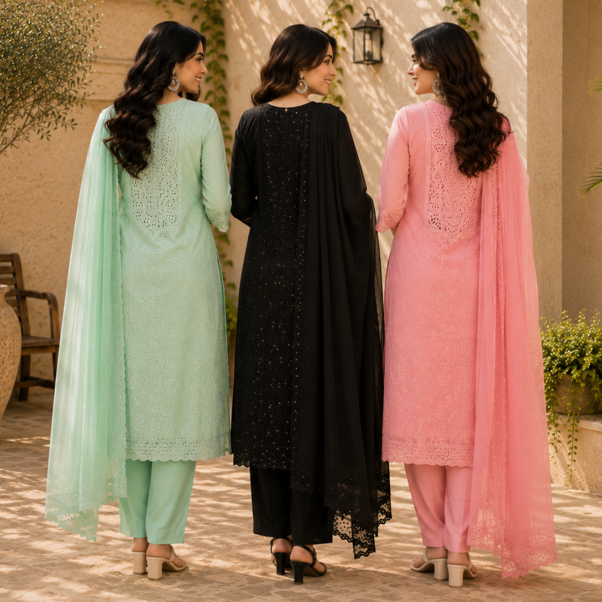 3 Women's Embroidered Kurta Set with Dupatta ( E7 )