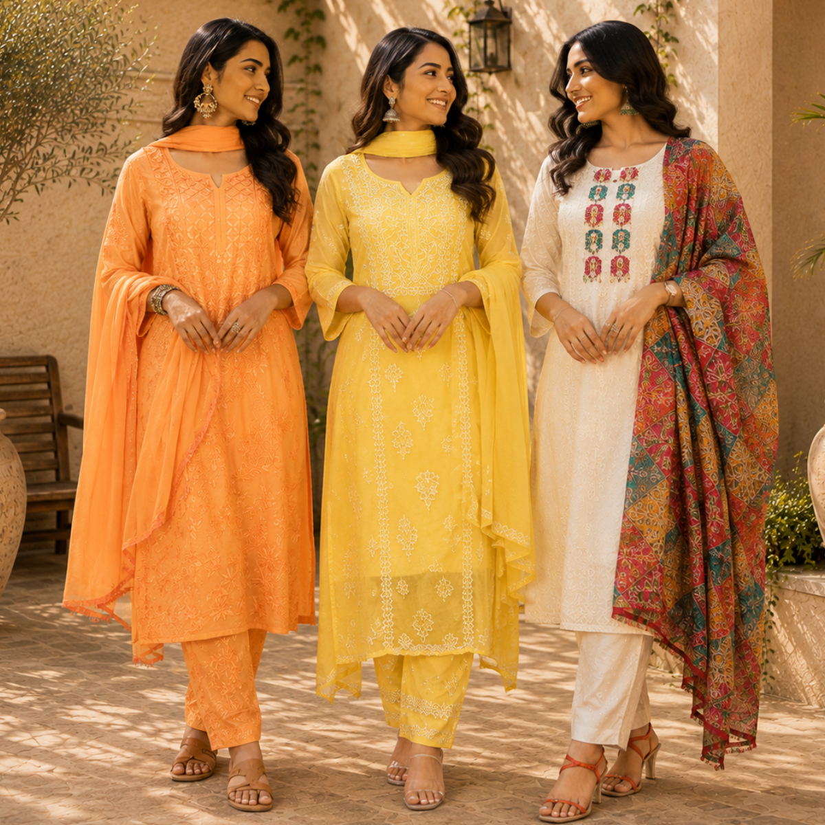 3 Women's Embroidered Kurta Set with Dupatta ( E8 )
