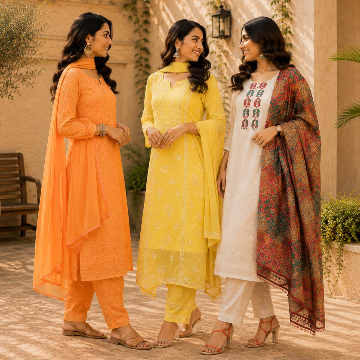 3 Women's Embroidered Kurta Set with Dupatta ( E8 )