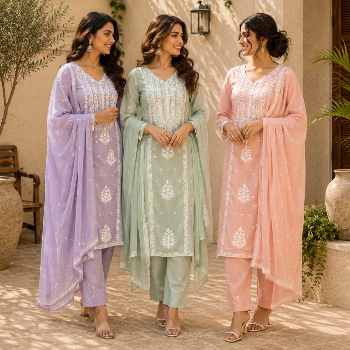 3 Women's Embroidered Kurta Set with Dupatta ( E9 )