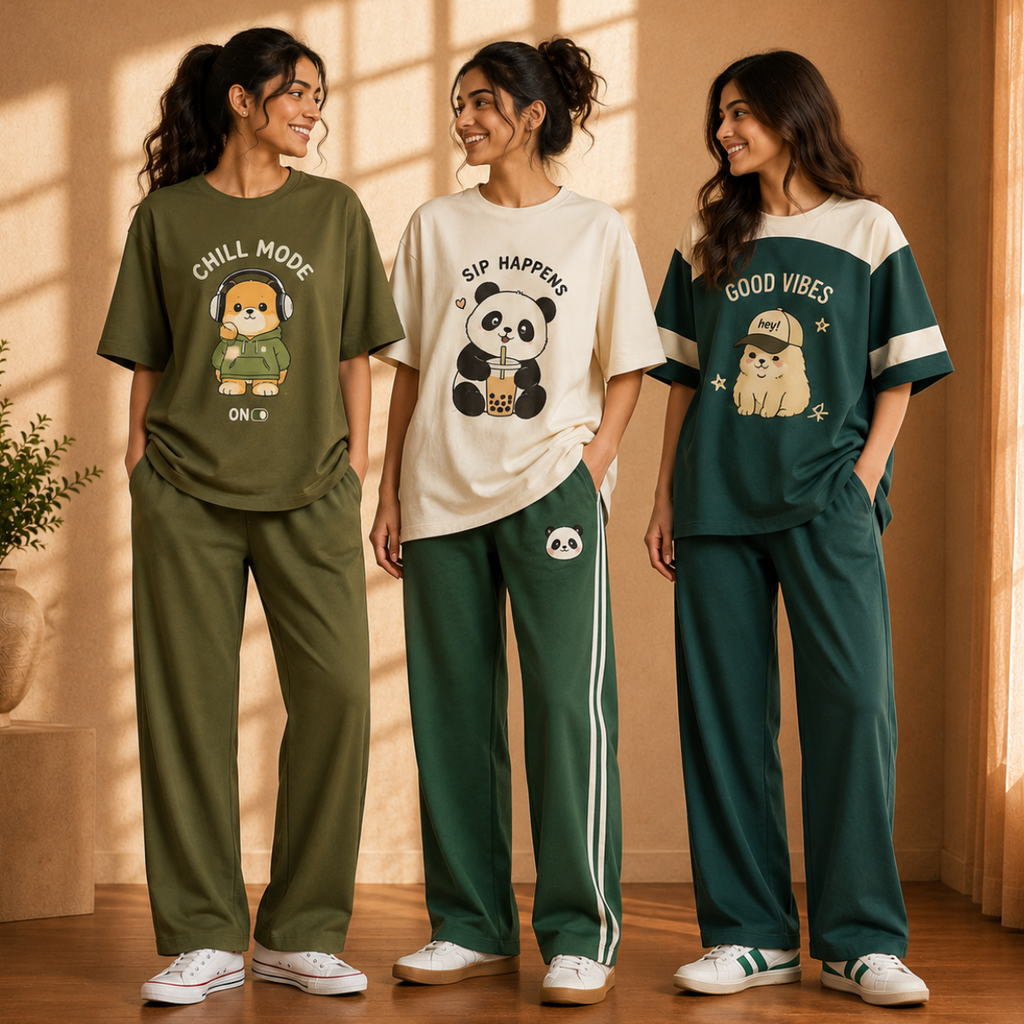 3 Women's Relaxed Fit T-Shirt with Trouser ( C-10 )