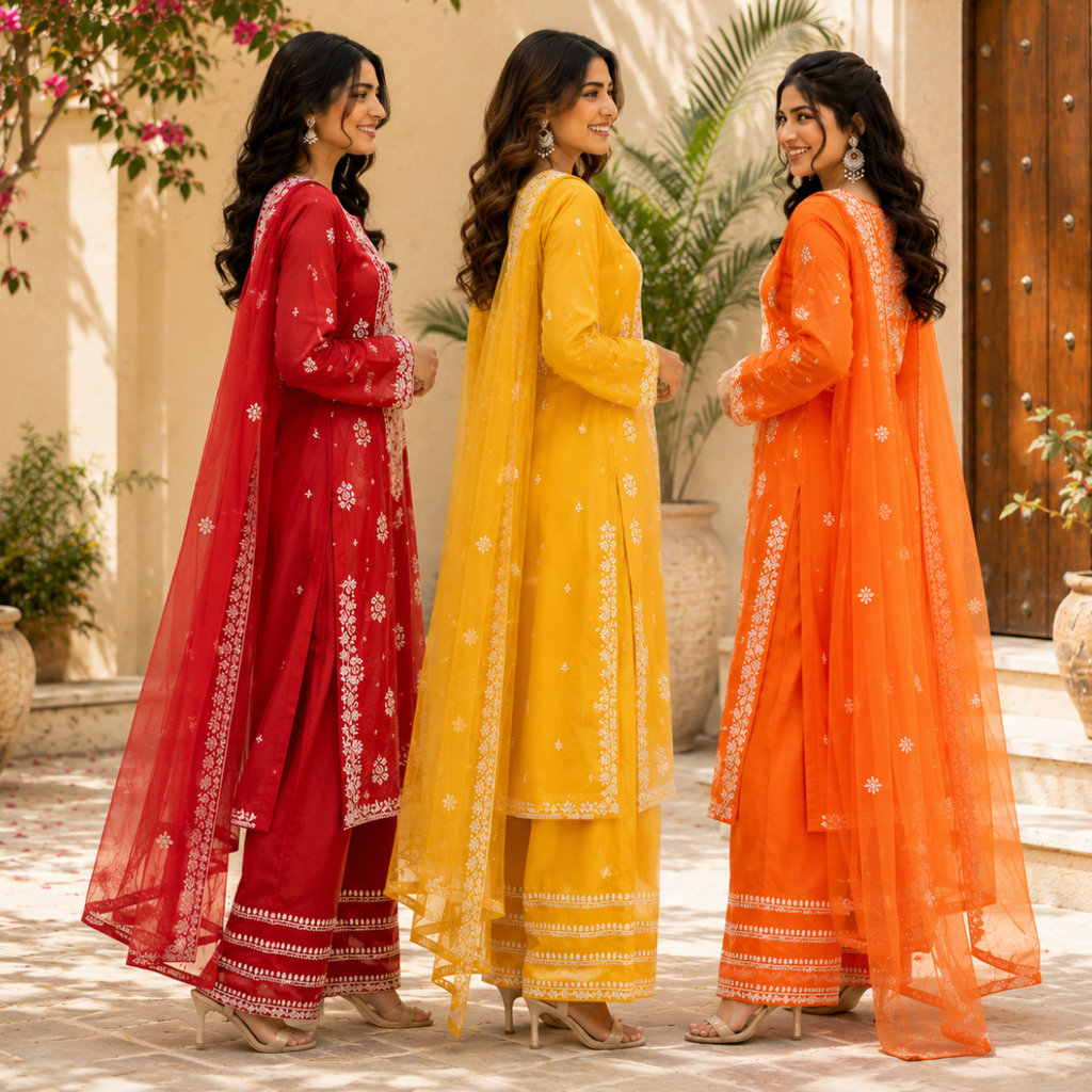 3 Women's Embroidered Kurta Set with Dupatta ( E10 )