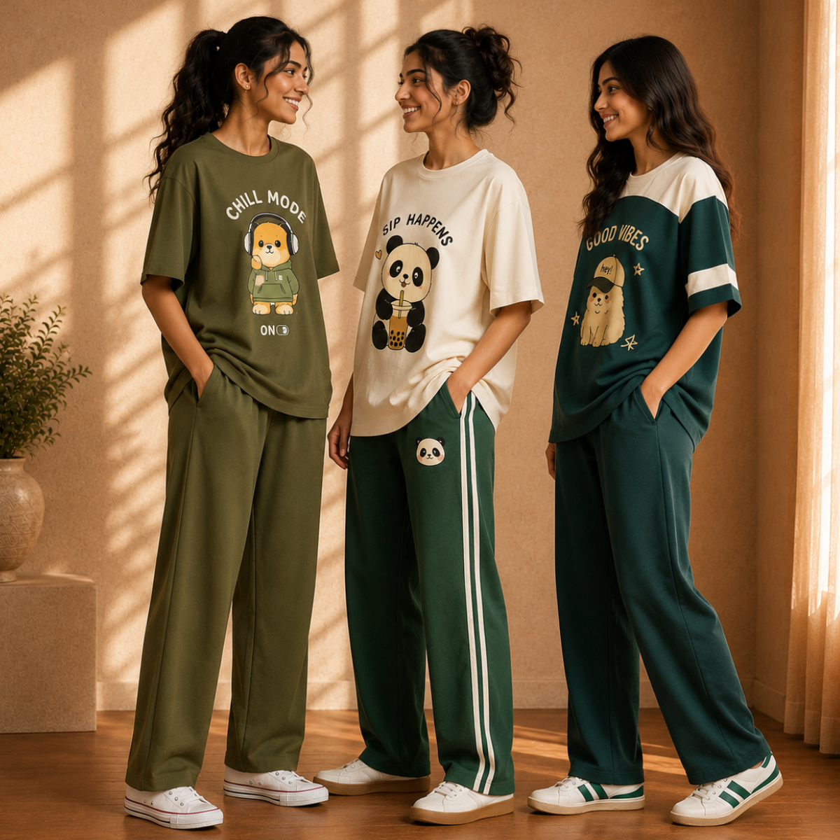 3 Women's Relaxed Fit T-Shirt with Trouser ( C-10 )