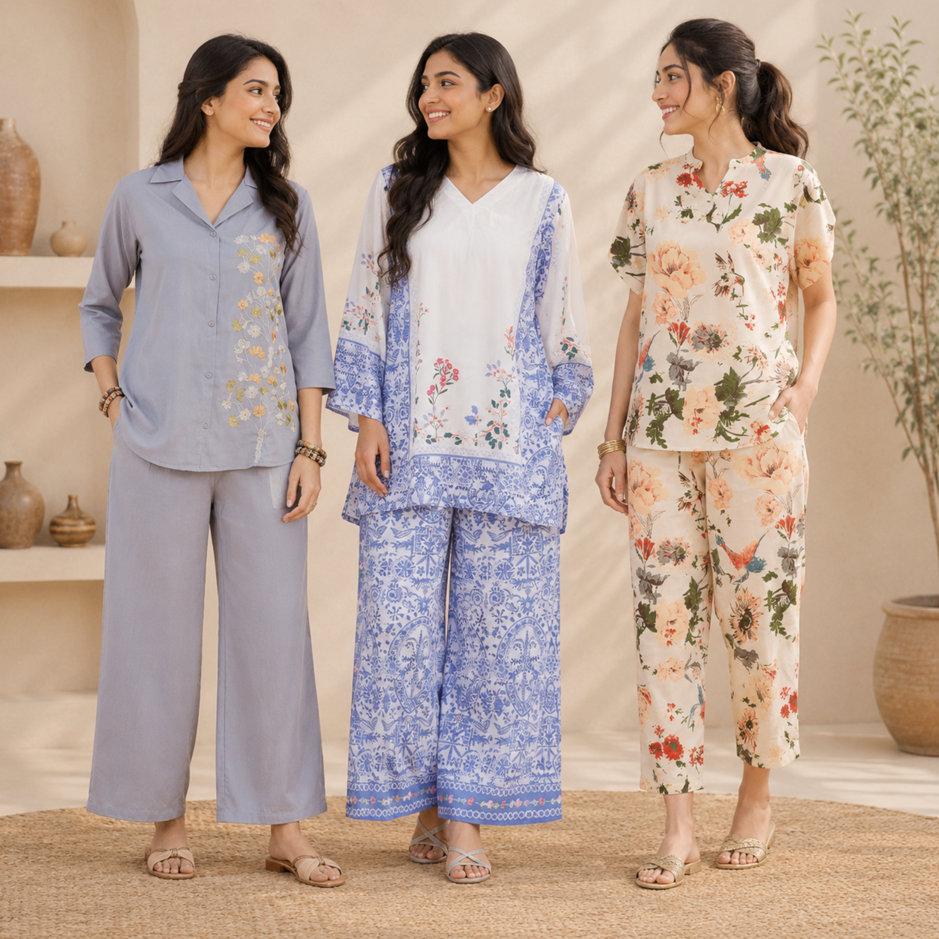 Three women wearing floral and plain outfits in a home setting.