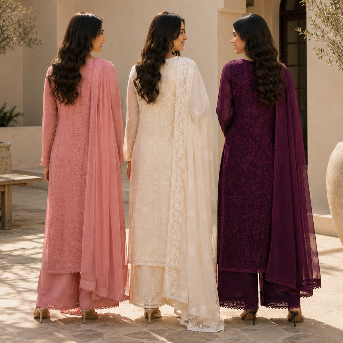 3 Women's Embroidered Kurta Set with Dupatta ( E1 )