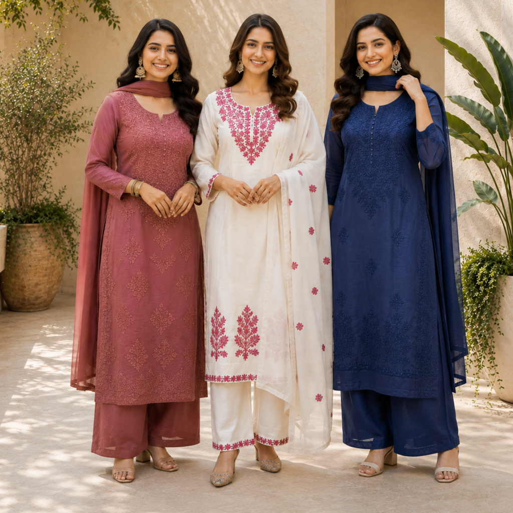 3 Women's Embroidered Kurta Set with Dupatta ( E2 )