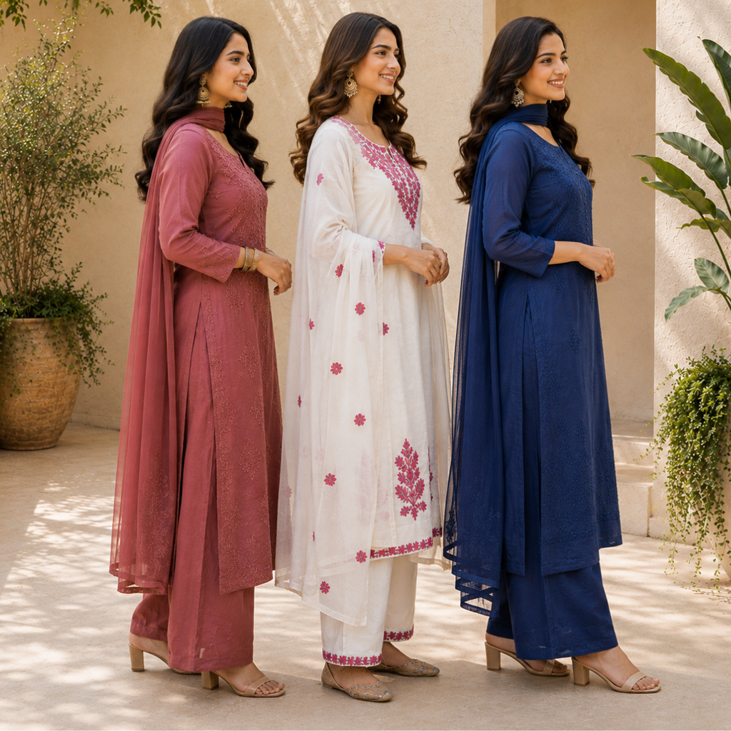 3 Women's Embroidered Kurta Set with Dupatta ( E2 )