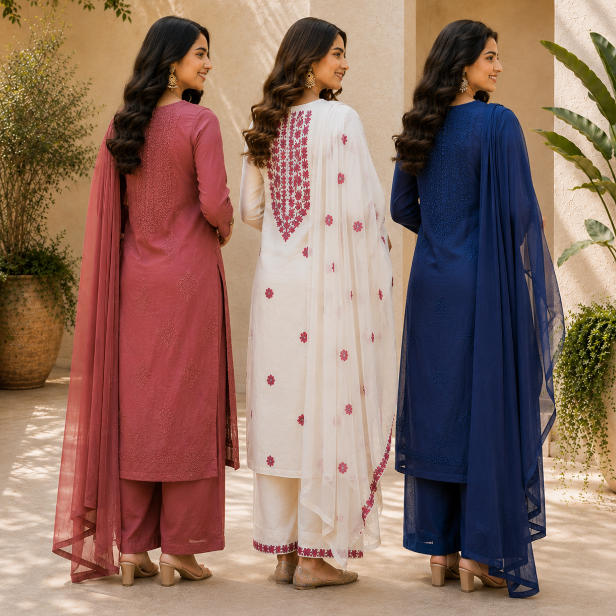 3 Women's Embroidered Kurta Set with Dupatta ( E2 )